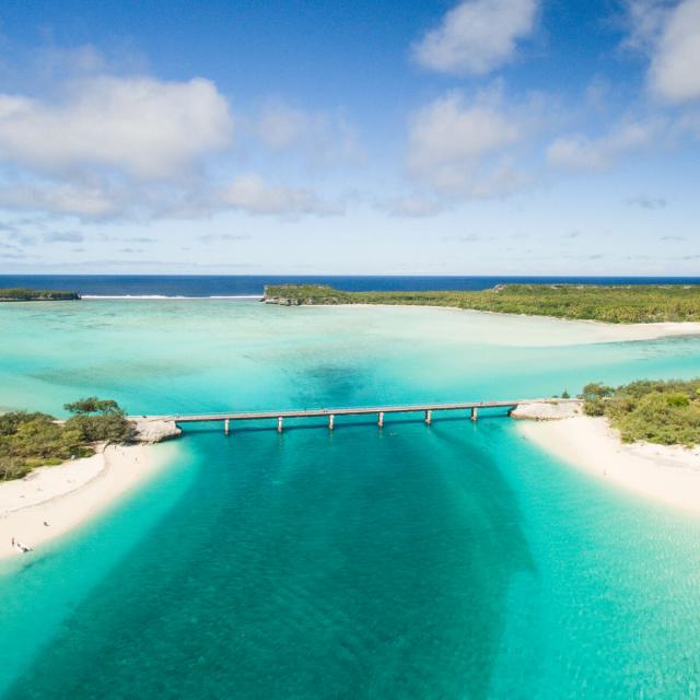 Aerial view of Ouvéa, New Caledonia's Loyalty Islands, Mouli bridge and beaches.