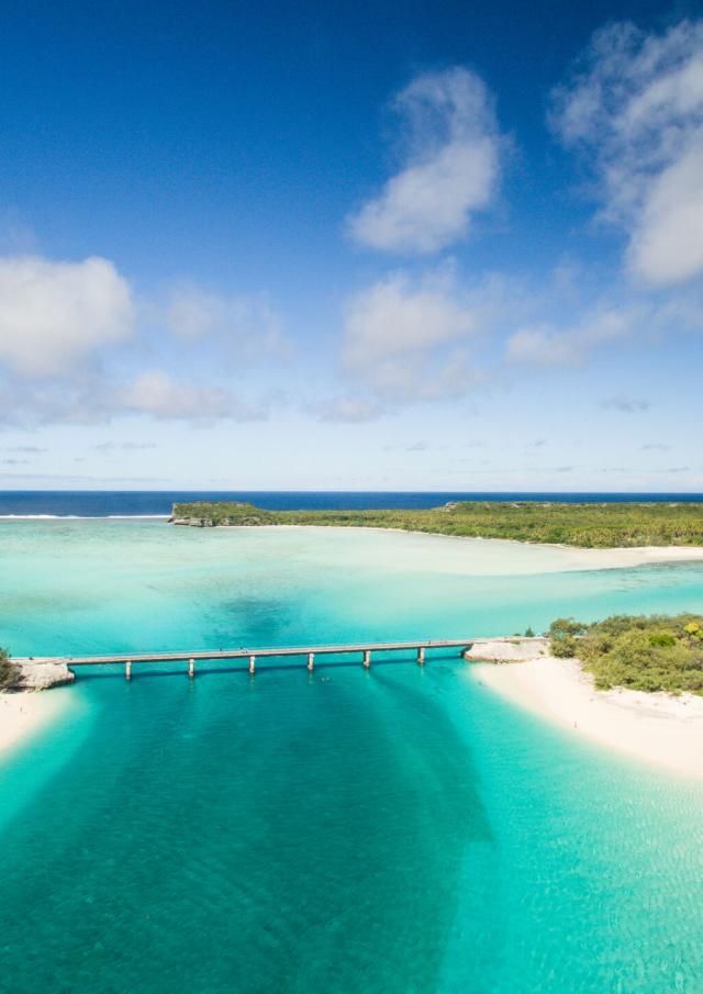 Aerial view of Ouvéa, New Caledonia's Loyalty Islands, Mouli bridge and beaches.