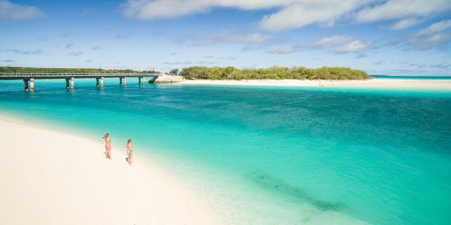 Aerial view of Mouli beach and bridge at Ouvéa, Loyalty Islands, New Caledonia.