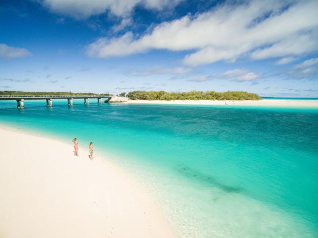 Aerial view of Mouli beach and bridge at Ouvéa, Loyalty Islands, New Caledonia.