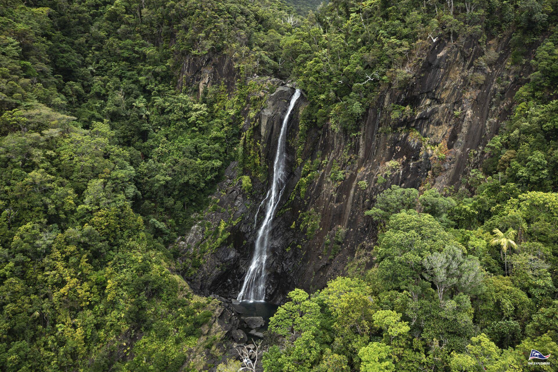 Aerial view of the Tao waterfall in Hienghène, on the east coast of New Caledonia.