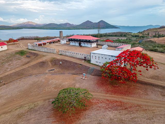 Aerial view of the Fort Teremba prison site in Moindou, on the west coast of New Caledonia.