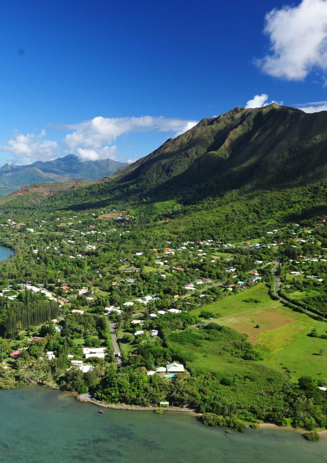 Aerial view of the commune and the Mont-Dore massif in New Caledonia.
