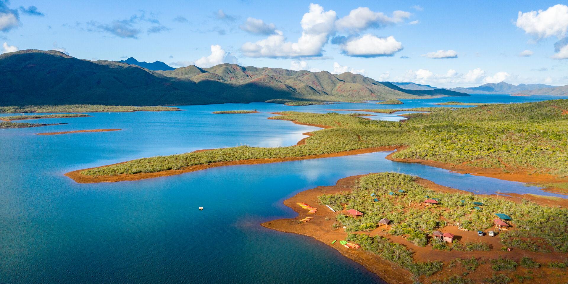 Aerial view of the bivouac area at Parc de la Rivière Bleue, Yaté
