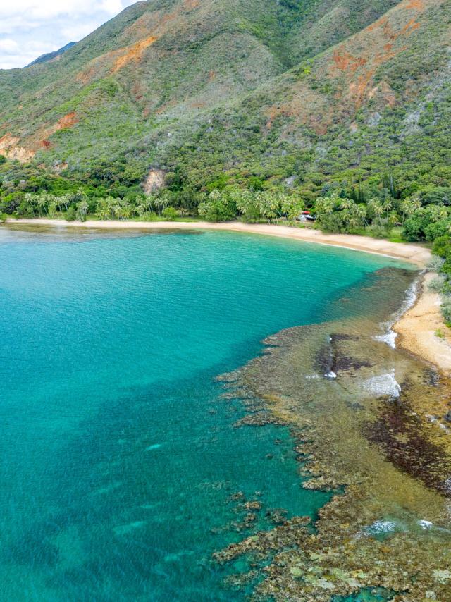 Aerial view of the Moara lagoon and beach at Thio, New Caledonia.