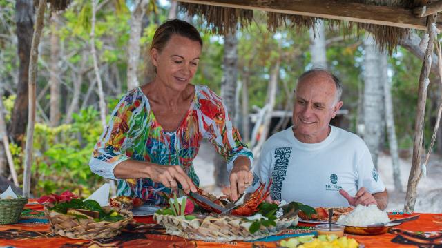 Lunch under the faré of Moro islet on Île des Pins, New Caledonia.