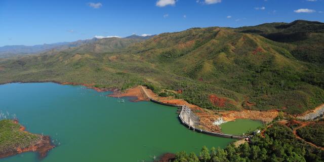 Aerial view of Yaté lake and dam in New Caledonia.