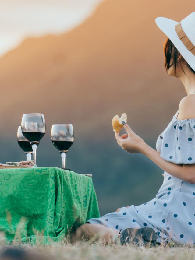 Glass of wine at sunset in New Caledonia