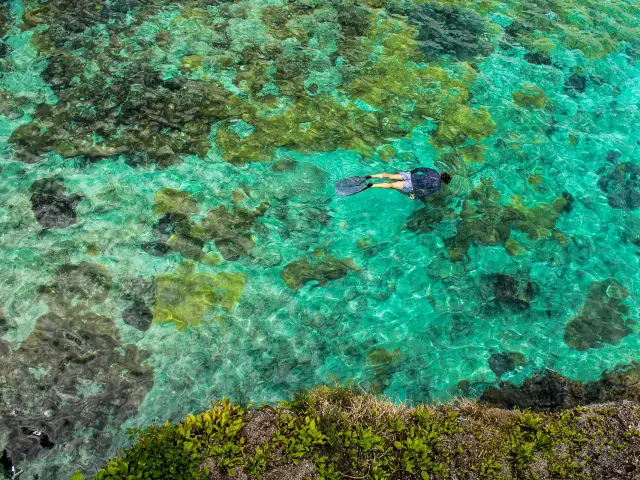 Vue plongeante sur une séance de PMT aux falaises de Jokin, à Lifou, dans une eau turquoise limpide au-dessus du corail.