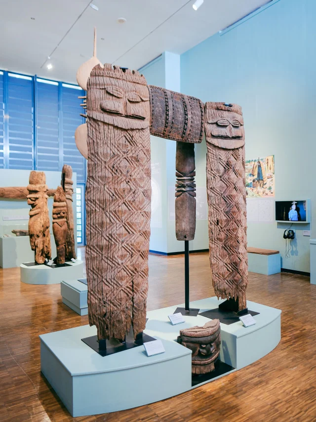 Exhibition of Kanak wood sculptures at the Tjibaou Cultural Centre