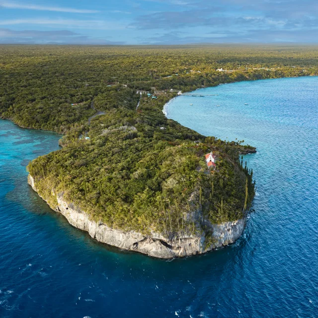 Aerial view of the Notre Dame de Lourdes chapel and Jinek and Santal Bays in Lifou.