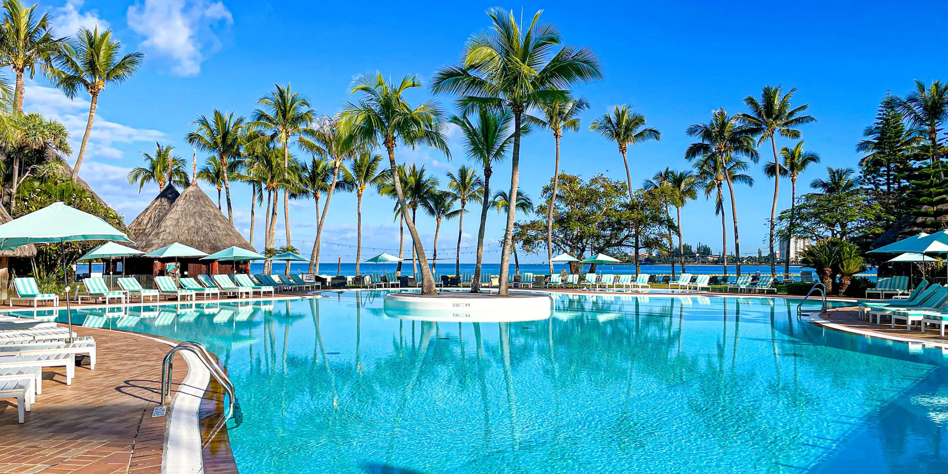 Swimming pool at Domaine Nouméa lined with palm trees, sun loungers and a sea view.