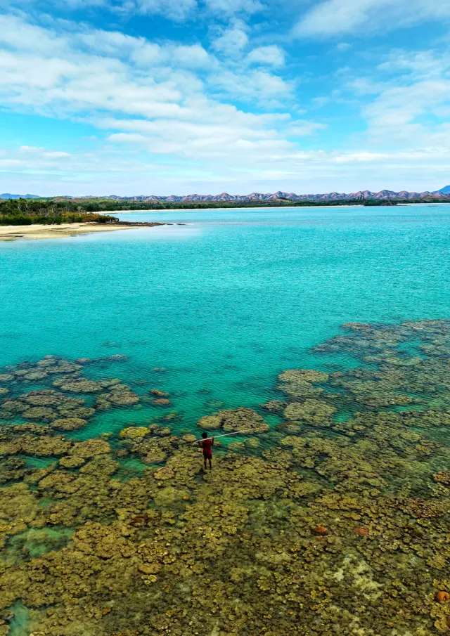 Vue aérienne de la plage de Nénon à Poum, avec lagon turquoise, patates de corail et pêcheur debout sur le récif.