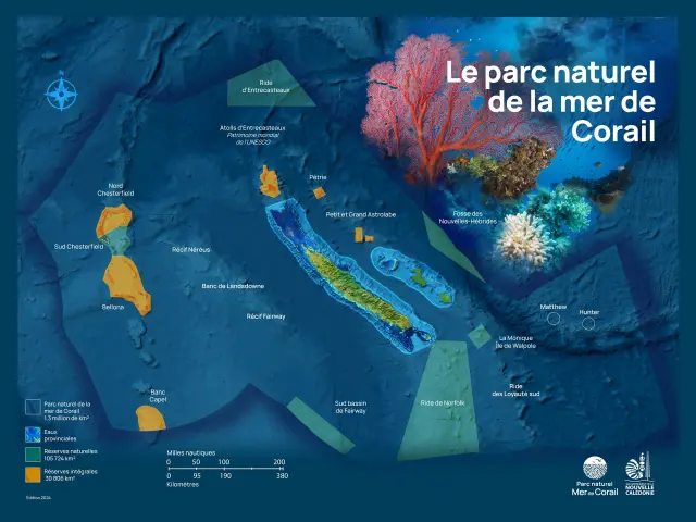 Carte du Parc naturel de la mer de Corail en Nouvelle-Calédonie, présentant ses eaux provinciales, réserves naturelles, réserves intégrales et principaux récifs et atolls.