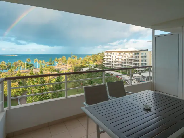 View from a room terrace at Hilton Noumea La Promenade Residences, with Anse Vata Bay in the distance.
