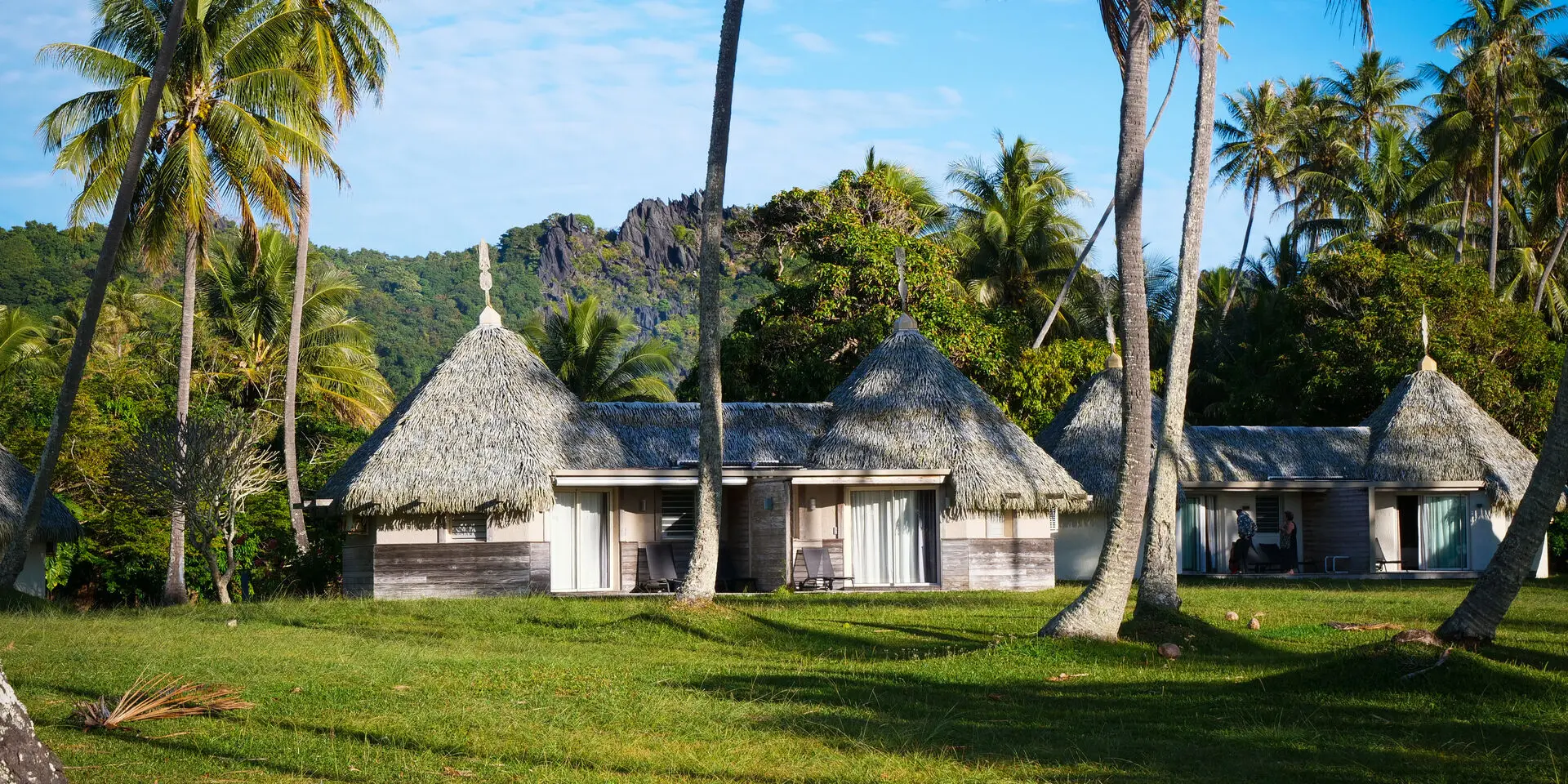 Bungalows at Koulnoué Village hotel in Hienghène, with thatched roofs, coconut palms and tropical vegetation at the foot of the hills.